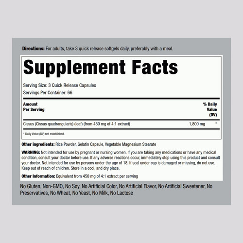 Piping Rock Cissus Quadrangularis 1800 Mg 200 Cápsulas