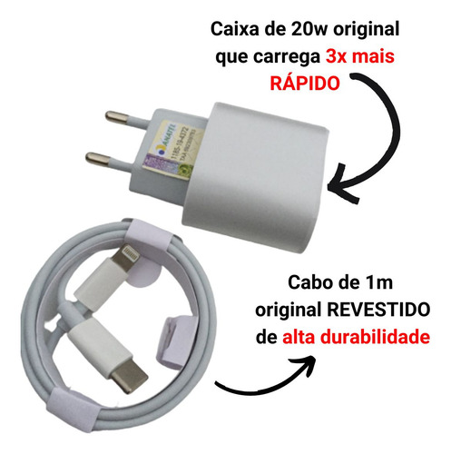 Fonte Usb C 20w Turbo Com Cabo Para iPhone 7 8 11 12 13 Cor Branco