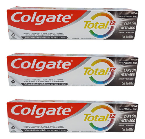 Pack X 3 Pasta Dental Colgate Total 12 Carbón Activado 150ml