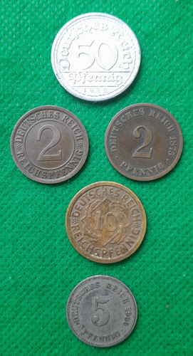 5 Monedas Alemanas Antiguas, Años Entre 1875 - 1925, 