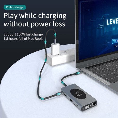 Hub Usb 14 Em 1 Mac Tipo-c 2hdmi Vga Rj45 Carregador Indução