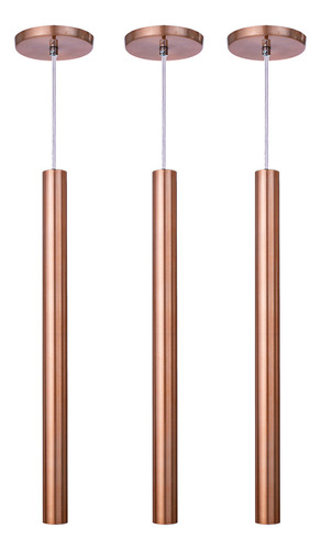 Iluminar Ambiente Kit 3 Pendente Luminária Tubo Rose Gold Cabo Cristal 50 Cm