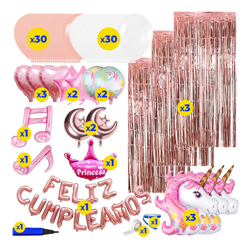 Set Globos N°14 Unicornio Feliz Cumpleaños 82 Pcs - El Rey
