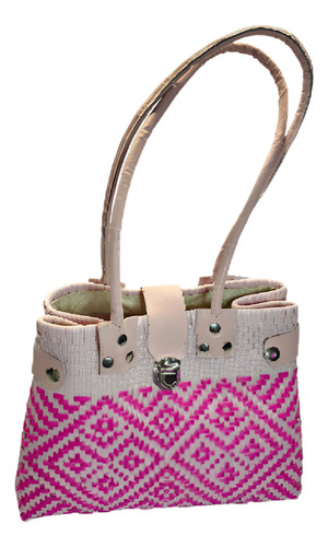 Bolsa Artesanal Hecha A Mano Para Dama Bolso Tote Acabado De Los Herrajes Lisa Color Blanco Con Rosa Correa De Hombro Blanco