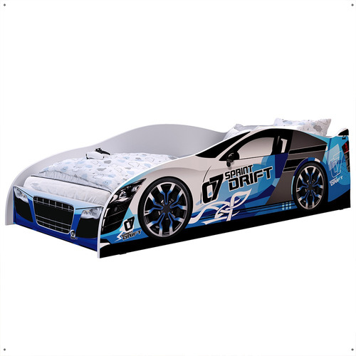 Cama Carro Solteiro Drift Adesivada 88x188 - Azul/ Brco 8922