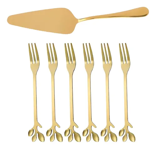 Kit Espátula De Bolo E 6 Garfos Dourados Sobremesa Inox Dourado