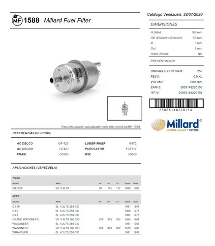 Filtro Gasolina Millard Mf1588 Con Retorno Jeep Wagoneer