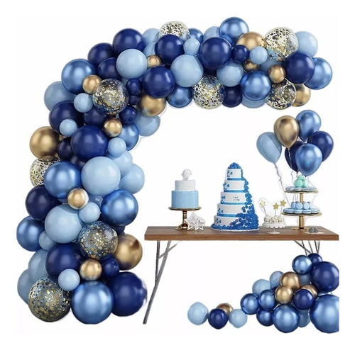 Arco Globos Azules Dorados Cromados Fiestas Kit Cumpleaños