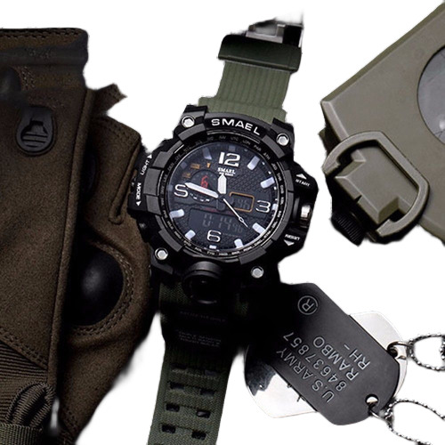 Mens Army Green Military Sports Quartz Analógico Led Resiste