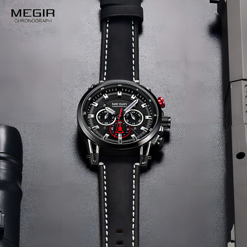 Reloj Cronógrafo De Cuero Impermeable Megir Quartz Color Del Bisel Negra/plateado