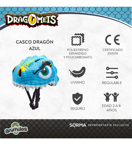Imagen 2 de 10 de Casco Bicicleta Para Niños Infantil Dragón Bici Patín Skate