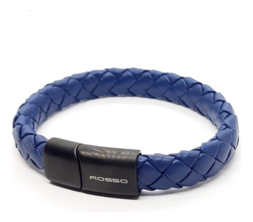 Bracelete Aço 20cm Couro Azul 11mm Trançado Fecho Black