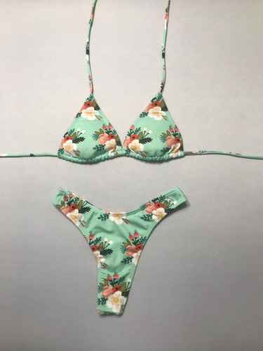 Bikini Malla Estampada Floreada Aqua Con Less En V - Eva