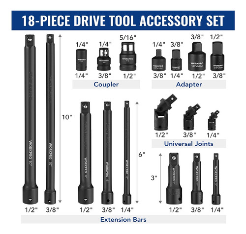 Juego Adaptadores Extensiones Cardan Impacto 18pzs Workpro