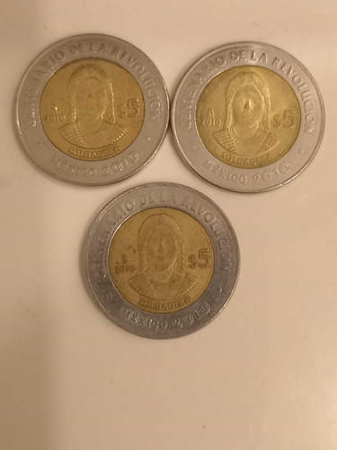 3 Monedas La Soldadera Revolución Cinco Pesos 2010, Escasa