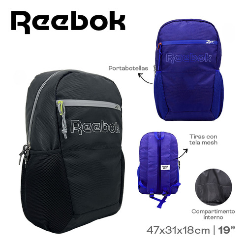 Mochila Reebok 19 PuLG Deportiva Viaje Nylon Resistente Color Negro Diseño De La Tela Lisa