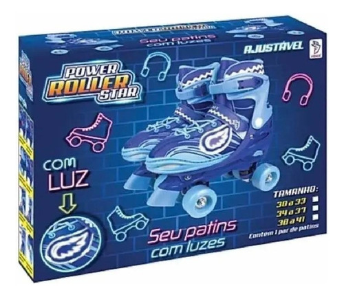 Patins Roller 4 Rodas Com Luz 34 A 37 Ajustável Azul