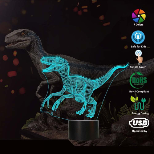 Fullosun Dinosaurio 3d Luz De La Noche Jurásico Velociraptor