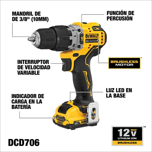 Taladro percutor batería brushless DEWALT dcd706d2, 2 baterías de 2Ah +  maletín