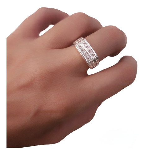 Anillo Plata 925 Sello Rectangular Con Piedras Cubic Blancas