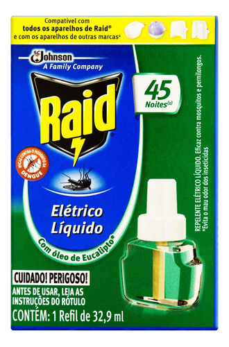 Repelente Líquido Elétrico 45 Noites Óleo de Eucalipto Raid Caixa 32,9ml Refil