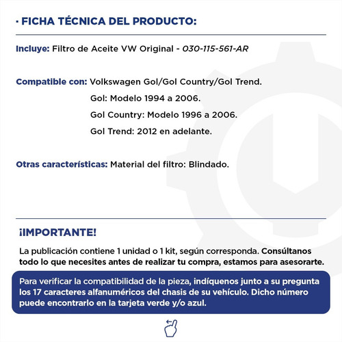 Imagen 2 de 9 de Filtro De Aceite Gol Trend Vw Original 030 115 561 Ar