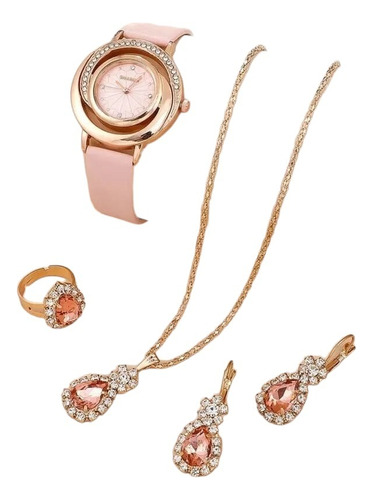 Kit Reloj Rosa Para Mujer + Juego De Collar Aretes Pulsera