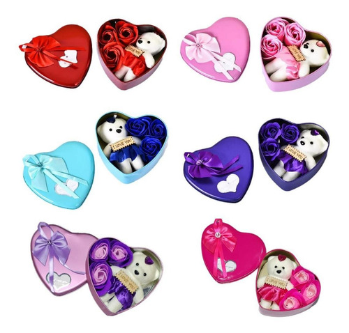 5 Piezas Corazon Metalico 3 Rosas De Jabón Y Oso Mayoreo