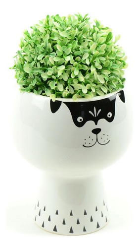 Vaso Floreira De Cerâmica Cachorro Branco E Preto