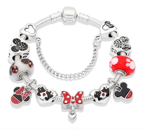 Pulsera Dijes Charms Mickey Y Minnie - Cadena De Serpiente 