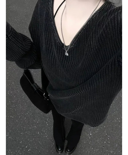 Suéter De Punto Holgado Con Cuello En V Para Mujer