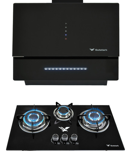 Combo Parrilla Empotrable 3 Quem Y Campana Pared Plegable Color Negro