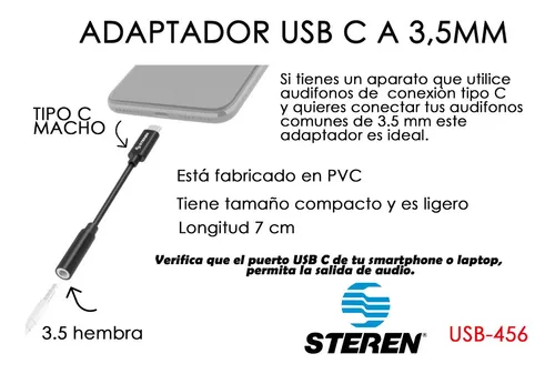 Cable Adaptador Conversor USB Tipo C Macho a Jack 3,5mm Hembra