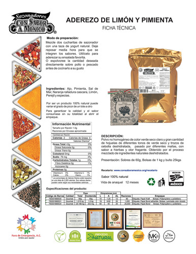 Especias Deshidratadas 60g Preparar Aderezo Limón Y Pimienta