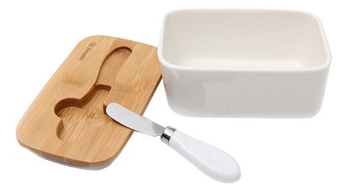 Mantequillero Cerámica Tapa Bamboo + Cuchillo 600 Ml Simplit