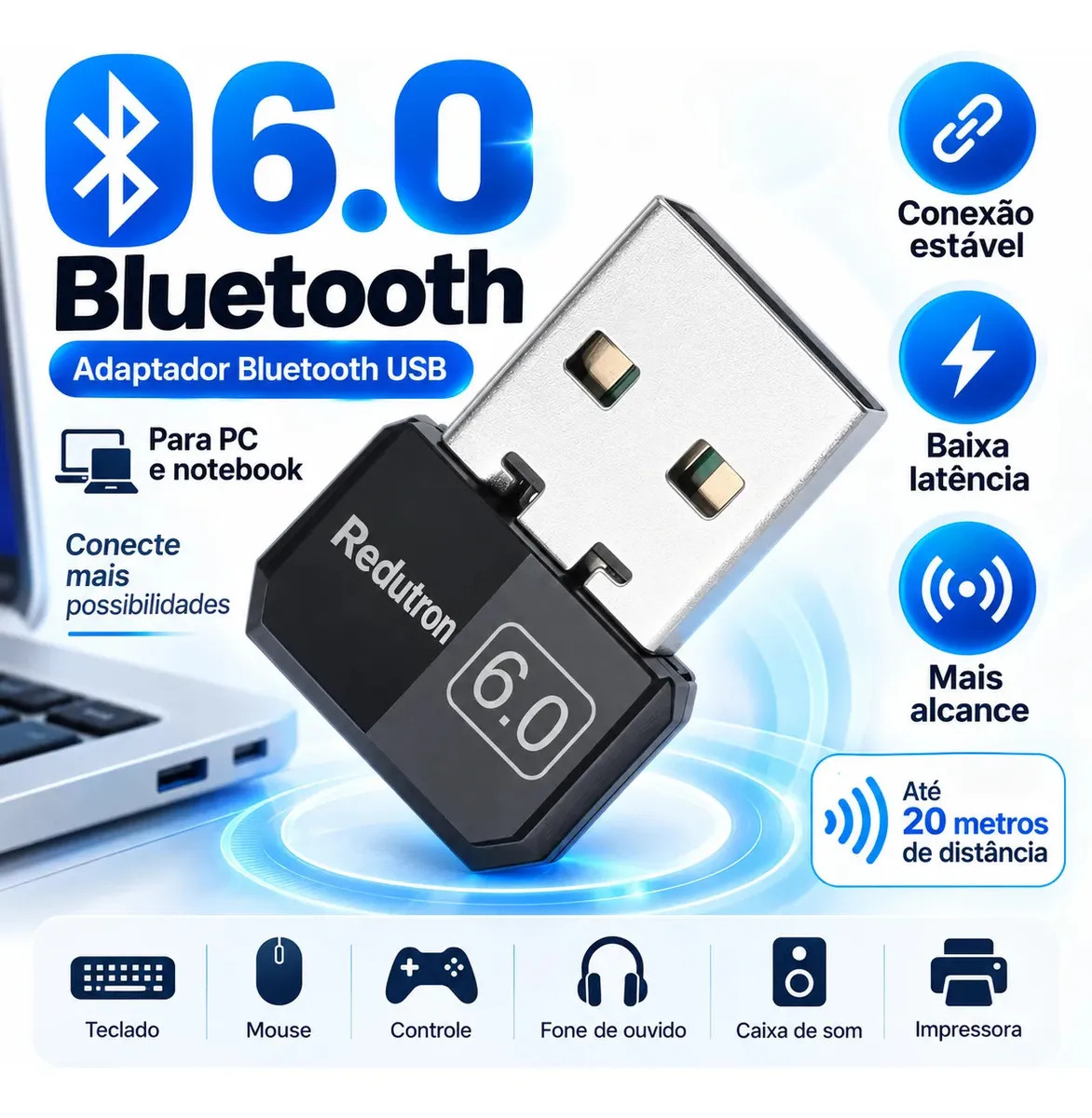Adaptador Rec Bluetooth 6.0 P/ Computador Até 7 Dispositivos