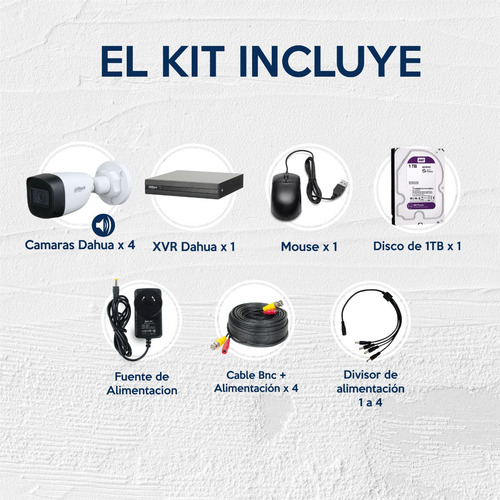 Imagen 3 de 10 de Kit Seguridad Dahua Dvr 4ch + 4 Camaras 2mp Microfono +disco