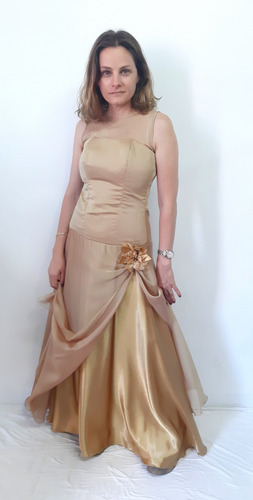 Vestido Fiesta Raso Tornasol Y Gasa Dorado Pechera Corset (Usado)
