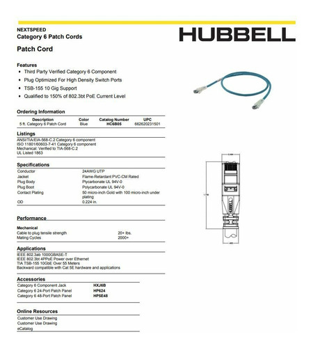 Cable De Conexión Hubbel Hc6b10 Cat 6 5ft Rj45