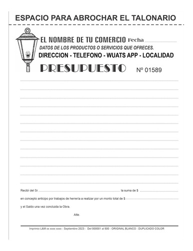 20 Talonarios Presupuestos, 17x22 Duplicados Numerados