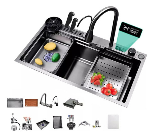 Vasoyo Fregadero De Cocina De Lujo Acero Inoxidable Nano Cascada Fregadero De Cocina Acero Con Led Temperatura Displa fregadero De Piano De Sirena 75x46