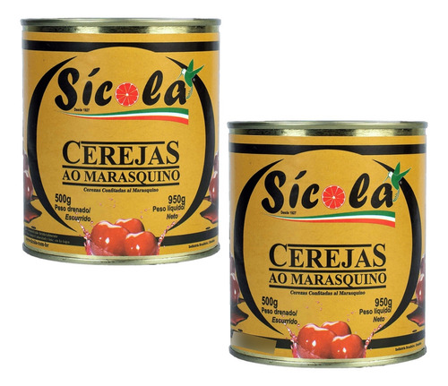 Kit 2 Cereja Ao Marrasquino Sem Cabo Sícola 500g