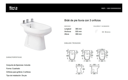 Combo Roca Monaco Inodoro Largo + Deposito De Apoyo + Bidet 3 Orificios