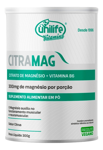 Citrato De Magnesio + Vit B6 En Polvo Citrus (300g) Unilife