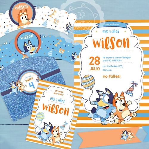 Kit Imprimible Bluey Para Varón En Celeste Textos Editables!