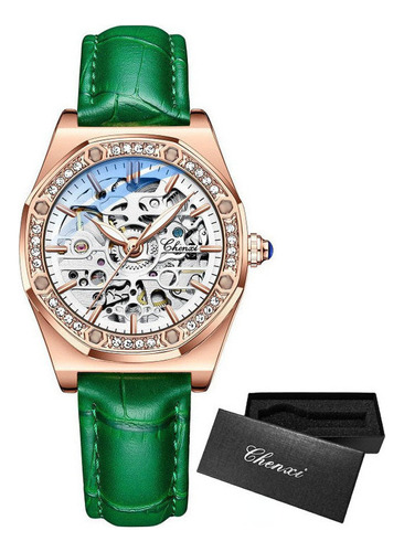 Reloj Luminoso Mecánico Chenxi Cx-8848l Skeleton Color De La Correa Verde