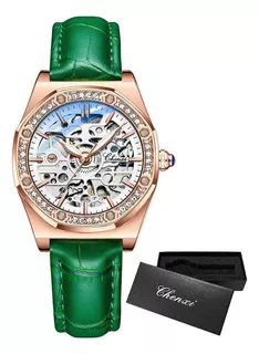 Relógio de pulso feminino analógico Chenxi CX-8848L com corpo rosa com pulseira de couro verde e borboleta