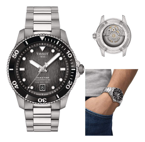 Reloj Tissot T1208071105100 Seastar Automatico Agte Malla Plateado Bisel Negro Fondo Negro Y Gris