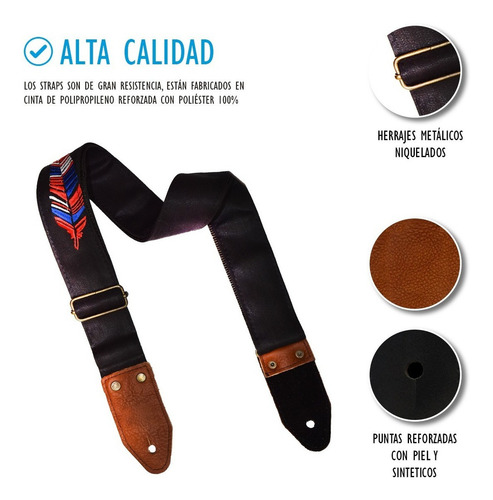 Mezclilla Bordado Pluma Tahalí Strap Kidam P/guitarra O Bajo Color Diseño Mezclilla Negro bordado pluma