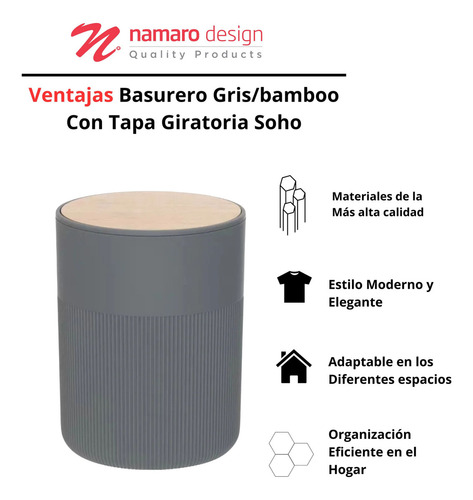 Namaro Design Basurero Gris/bamboo Con Tapa Giratoria Soho Color Gris